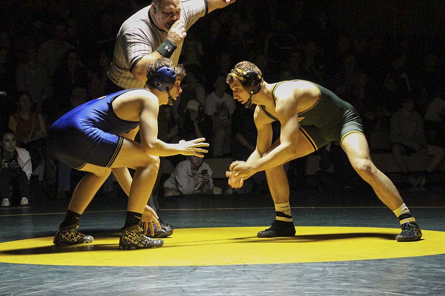 Tim Harman, senior, squares up to face his Newberg opponent in the 160 lb. weight class. By winning this key match, Harman sparked a row of wins which resulted in West Linn’s victory.