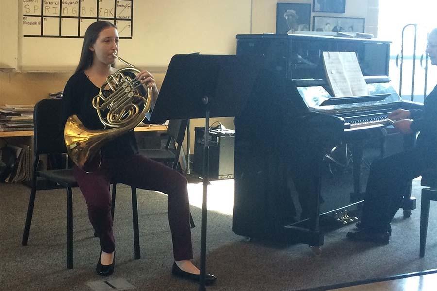 Lauren+Griffith%2C+freshman%2C+plays+%E2%80%9CRomanze%E2%80%9D+from+Mozart%E2%80%99s+Third+Horn+Concerto.+She+participated+in+the+Solo+and+Ensemble+competition+at+WLHS+on+March+7.