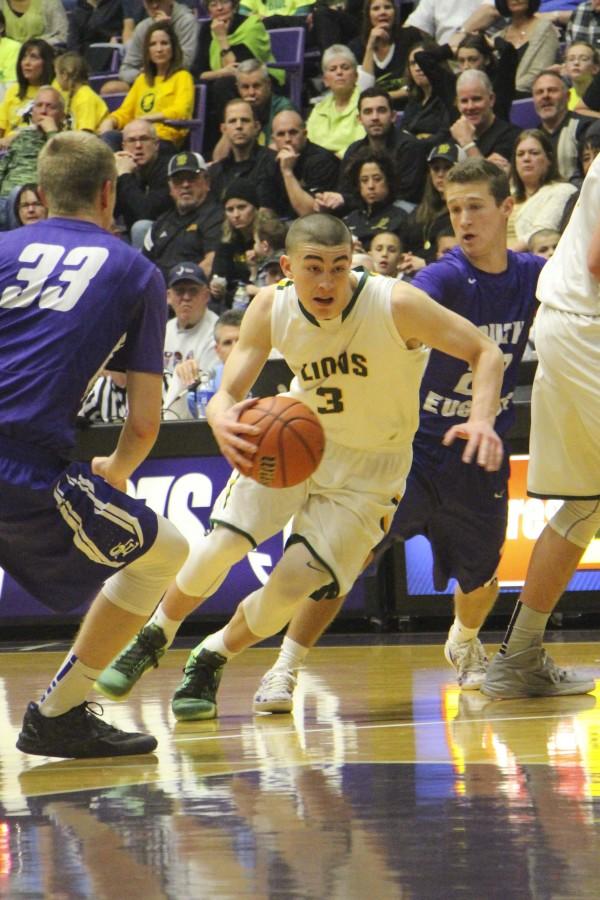 Payton Pritchard, junior,  weaves through South Eugene defense during the 2015 play offs. Pritchard was recently named the Oregon Gatorade Player of the Year.