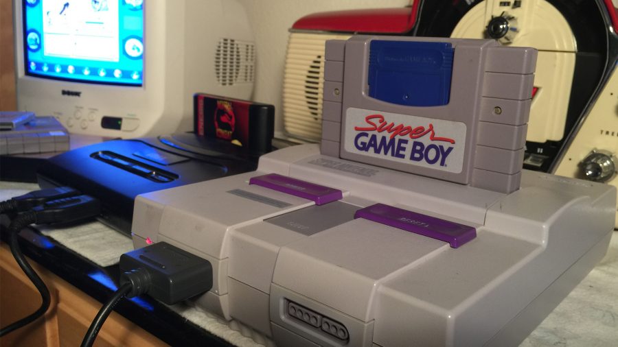 A Super Nintendo console with Super Game Boy player which allows you to play Game Boy games on the Super Nintendo