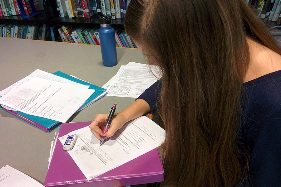 Anna Spear, junior readies herself for her Calculus AB final by reviewing the reviews. Completing and reviewing finals are just one of the ways to prepare for semester exams.