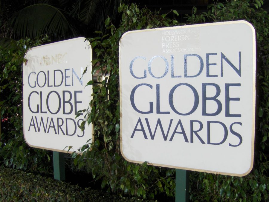 Show me a sign: Picket signs stand outside of the 2018 Golden Globes. You can see the NBC logo on the sign on the left, the TV company that presents the awards each year. 