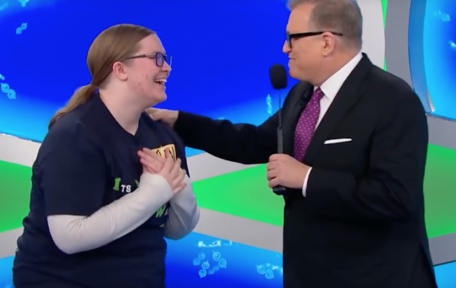 Caitlin McCabe, senior, with Price is Right host Drew Carey. Image courtesy of CBS.