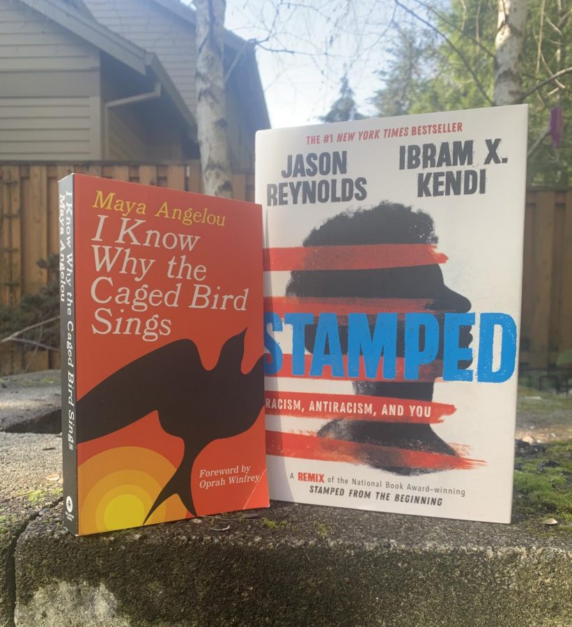 I Know Why the Caged Bird Sings
 by Maya Angelou and Stamped by Ibram X. Kendi and Jason Reynolds. Photo by Helena Erdahl