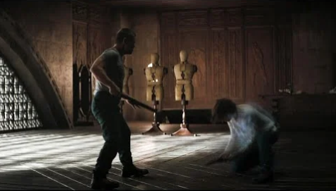 Paul Atreides (Timothee Chalamet) duels his mentor Gurney Halleck (Josh Brolin) using shields in the 2021 Dune film.