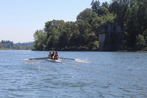 A crew out on the Willamette River practicing over the summer. 
