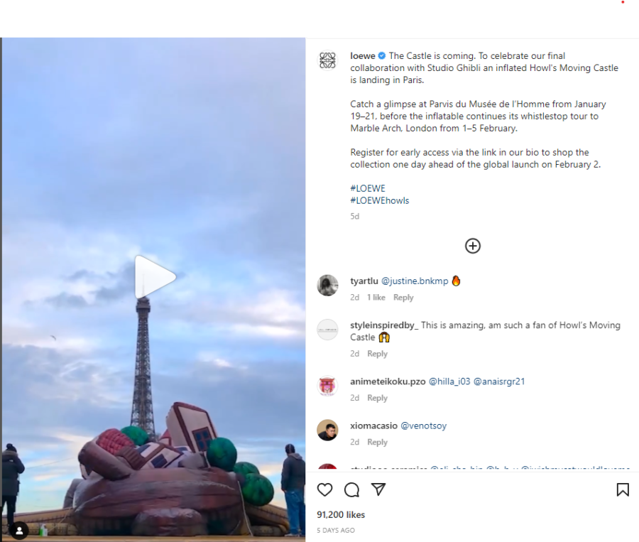 On Loewes Instagram, they posted a time lapse of an inflatable from the anime film Howls Moving Castle in front of the Eiffel Tower in Paris. 