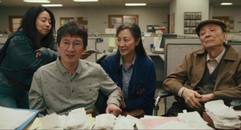 No matter how harrowing tax season may be, the Wang family stayed loyal to one another. From left to right, Joy (Stephanie Hsu), Waymond (Ke Huy Quan), Evelyn (Michelle Yeoh) and Gong Gong (James Hong) are pictured at one of their IRS meetings. 
