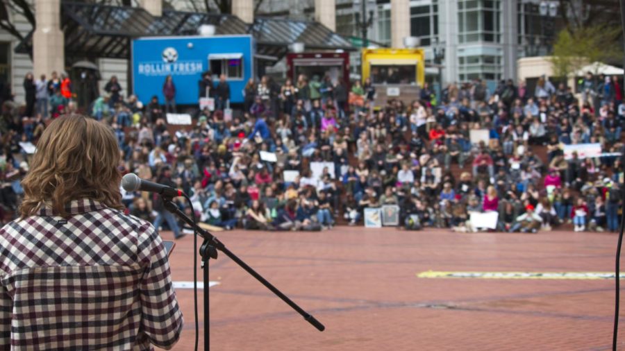 Pioneer Square was the final stopping place for this event. There four speakers shared their history and views on climate justice. The group of youth filled up every step of Pioneer Square.