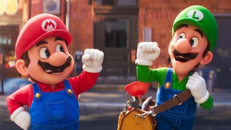 Courtesy of Nintendo and Universal Studios. The protagonist of both the film and video game franchise Mario on the right, celebrating with his brother Luigi.