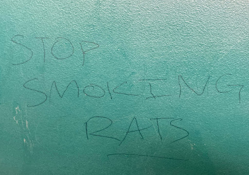 Graffiti found in second floor girls bathroom, expressing disagreement with people smoking in the bathroom 