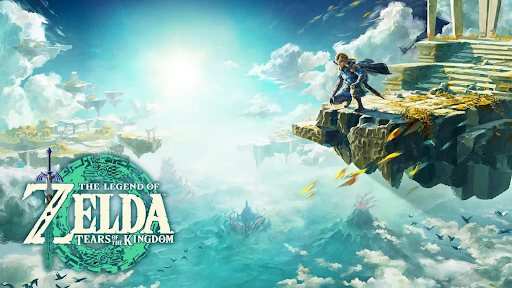 The cover image of the game depicts Link standing at the edge of a sky island.