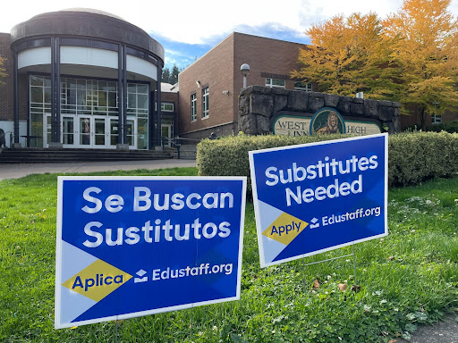 Edustaff signs are located along the premise of the school to advertise for substitute teachers.
