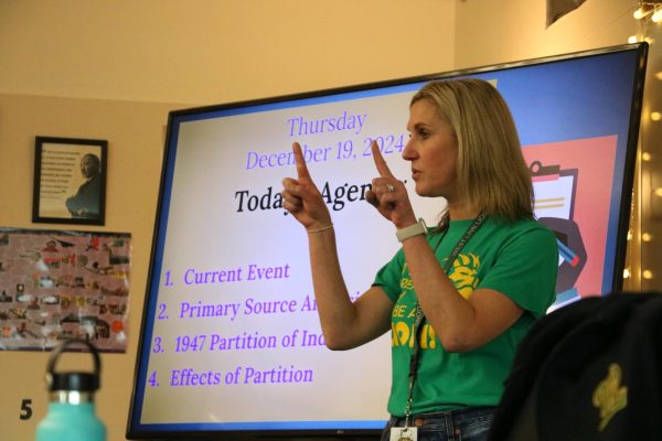 Bertram instructs students the start of her class during their unit on 1947 Partition of India. 