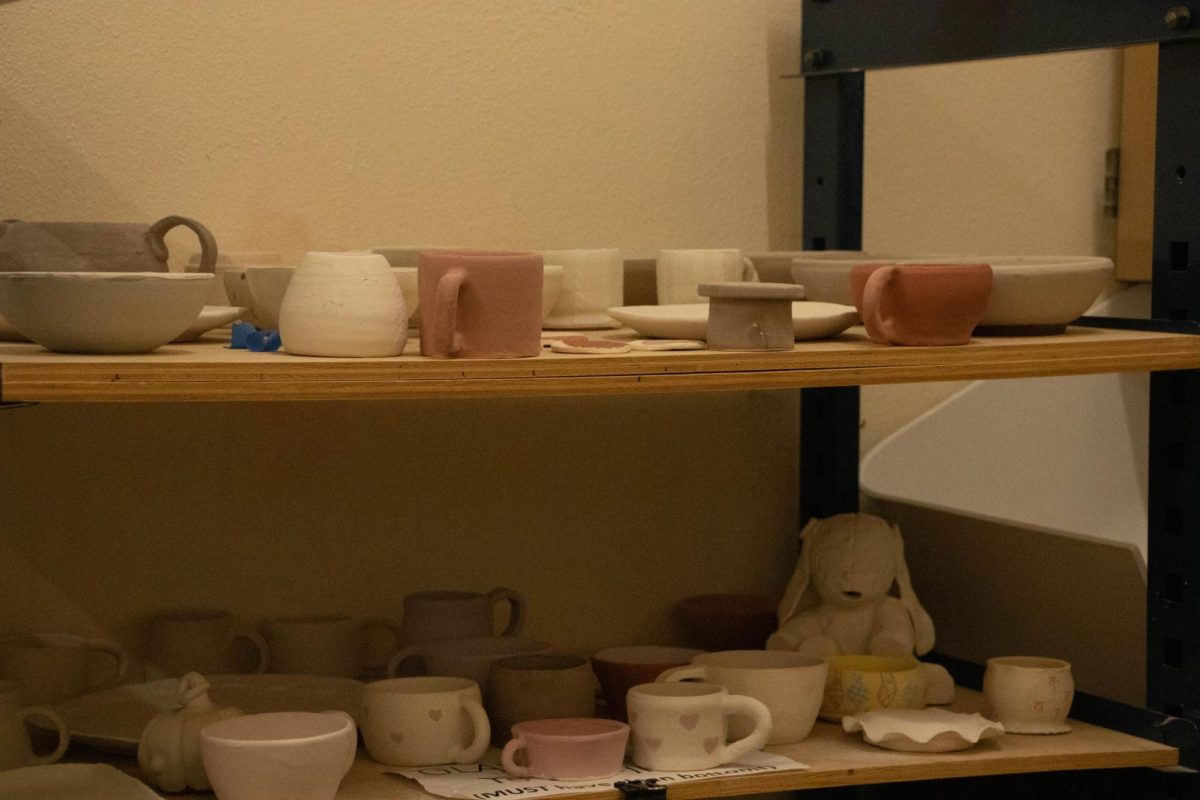 The room of life. A shelf stores finished and unfinished pieces by students. Some projects are waiting to be put in the kiln or glazed. Pieces can take a long time to come through, depending on what someone is making. “My beginning ceramics [classes] are working on mugs, ceramic 2 are working on throwing bowls or large pitchers, and my AP students are all doing independent projects.”