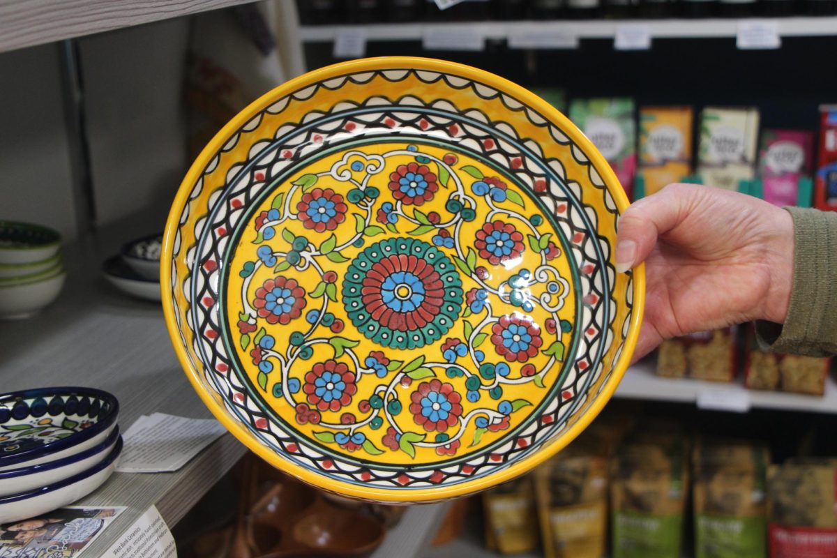 A serving for all. Palestinians in the West Bank hand-painted these bowls for food and serving meals. The business sells other tableware, including baking dishes from Vietnam, mugs from Guatemala, and bottle stoppers from India. “I’m able to have a business because of the beautiful work they do,” May said.