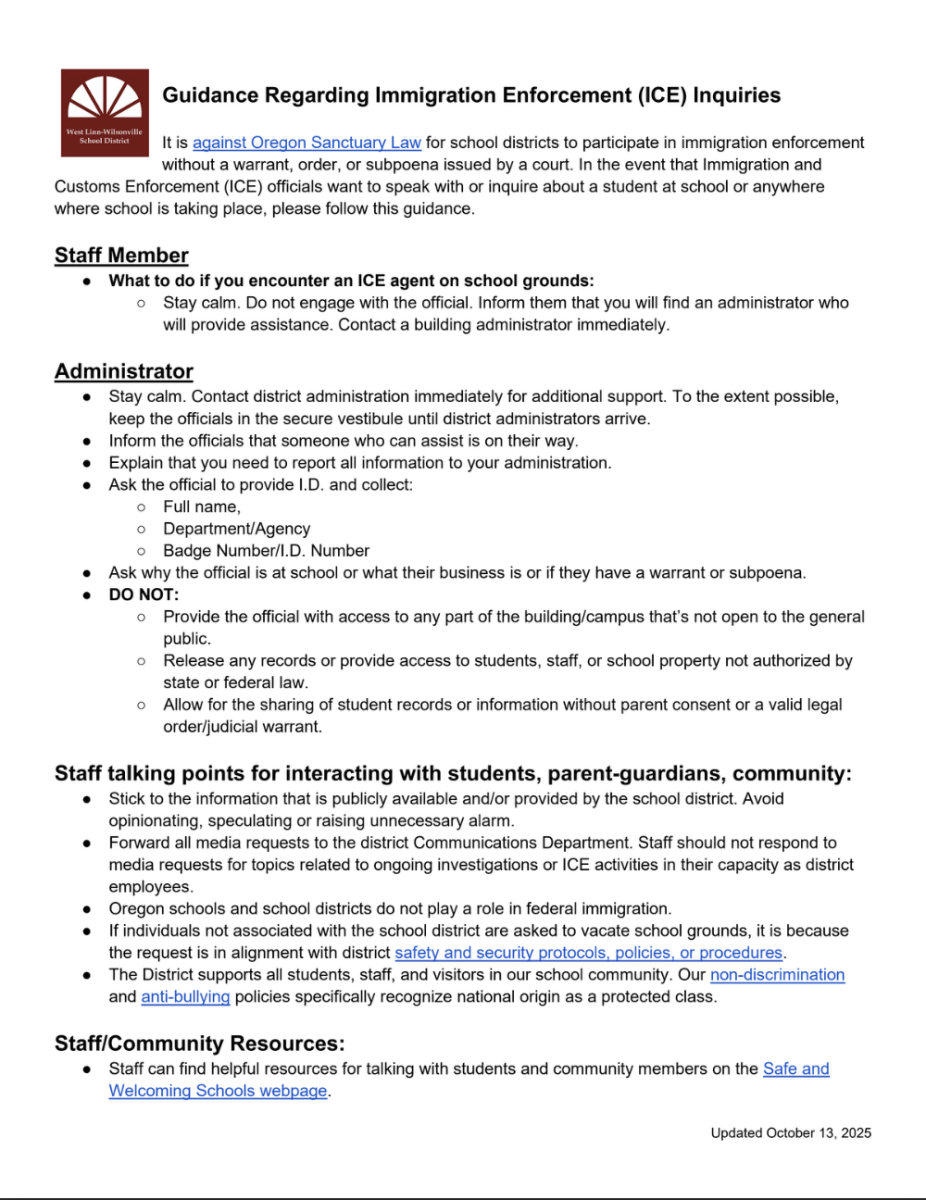 The West-Linn Wilsonville School District implemented a policy for staff on what to do if Immigration and Customs Enforcement (ICE) appeared on campus.