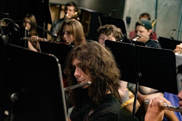Peter Peterson, junior, along with the rest of the pit orchestra, rehearsed “Fiddler on the Roof” for the last time and for the first time in the pit, the day before opening night. 