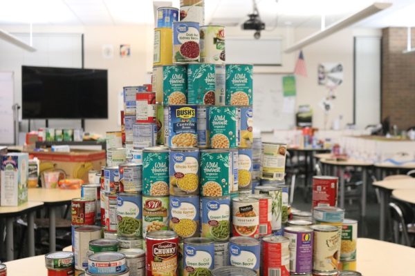 A stacked tower made from food for this year's canned food drive by students during their ASB period.