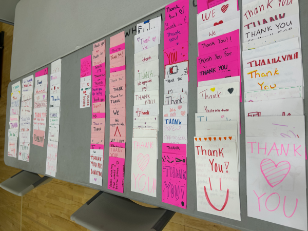 Thank-you cards made for the donors by the club members line across the table in the gym.